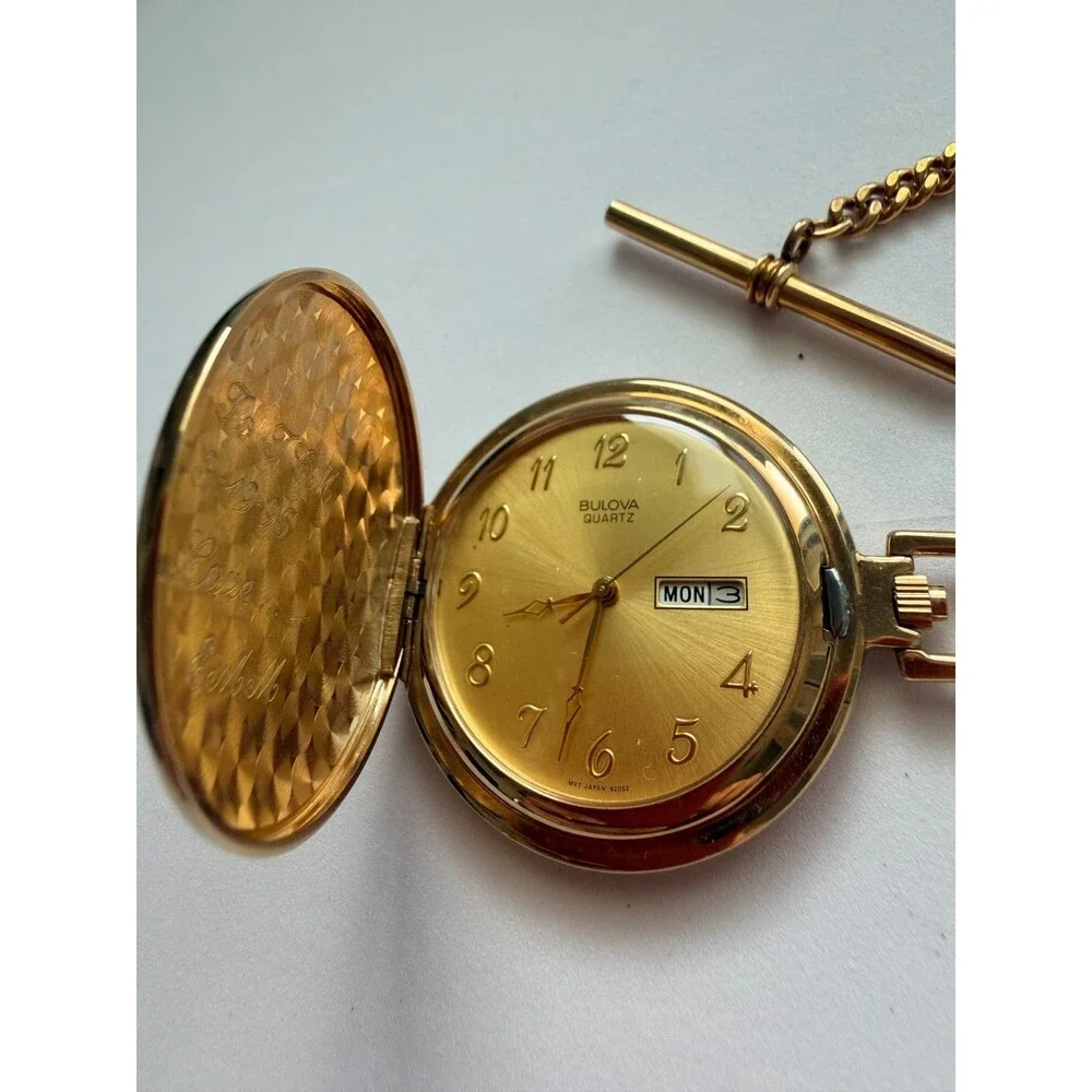 Vintage 1980s Bulova Quartz Hunting Case Pocket Watch Gold Tone Day Date Chain